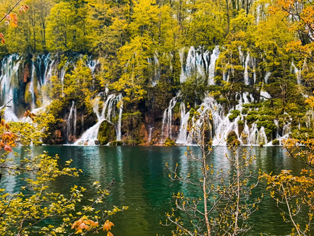 Waterfall in Plitvice Lakes National Park in Croatia. Beautiful autumn landscape