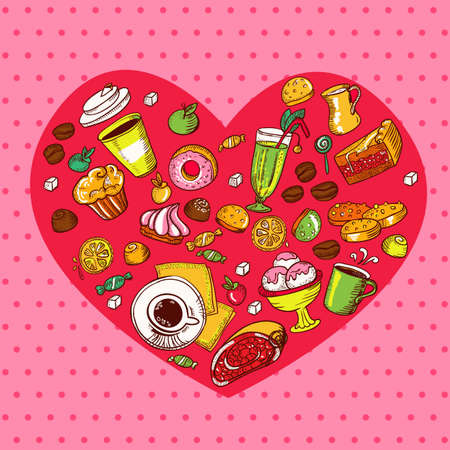 Seamless pattern with heart shape composed of bakery elements のイラスト素材