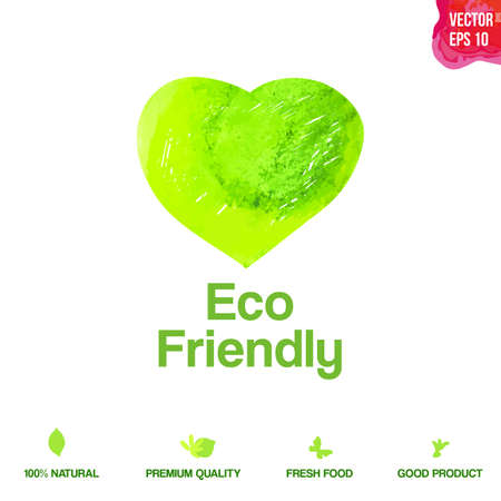 Watercolor vector green eco friendly heart shape label. Natural product symbol. Food icon design element.のイラスト素材