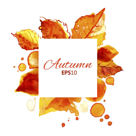 Autumn leaves and splashes background. Watercolor vector retro illustration. Square season label.のイラスト素材