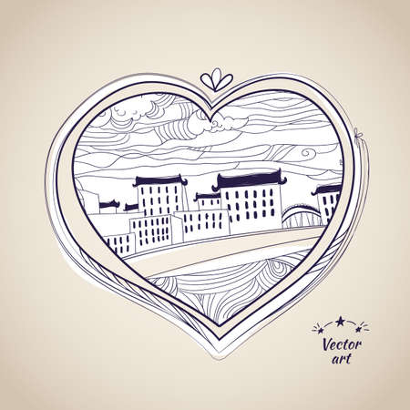 Pen drawing label Urban street at heart illustration.のイラスト素材