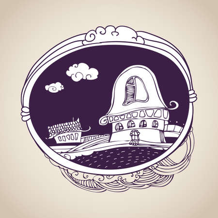 Pen drawing label Rural art illustration. のイラスト素材