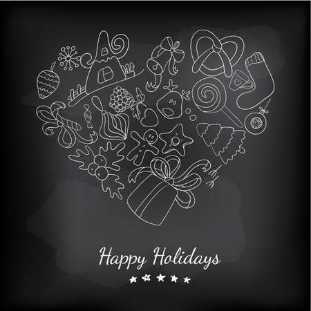 Vector christmas heart at blackboard. New year drawing banner. Happy holidays hand drawing illustration.のイラスト素材