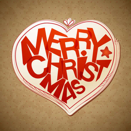 Typography vector Xmas heart shape drawing label. Merry christmas vintage card design with sketch elements.のイラスト素材
