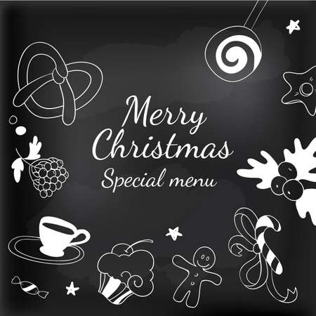 Vector drawing Xmas special menu. Merry Christmas restaurant blackboard. Hand drawing chalk Holidays elements.のイラスト素材