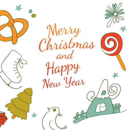 Vector drawing Xmas card design. Merry Christmas sketch greetings. Fun colored Holidays elements.のイラスト素材