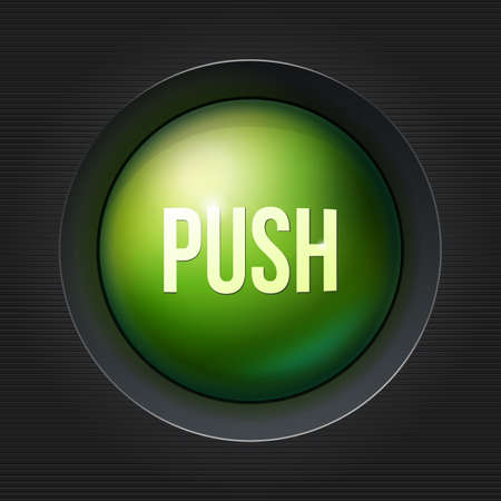 Green push button at dark plactic background.のイラスト素材