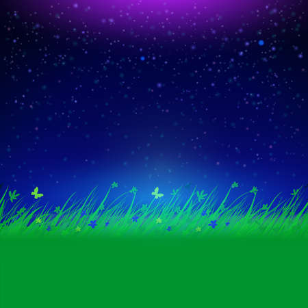 Summer grass with night sky. Eco friendly drawing background. Hand drawing nature illustration.のイラスト素材