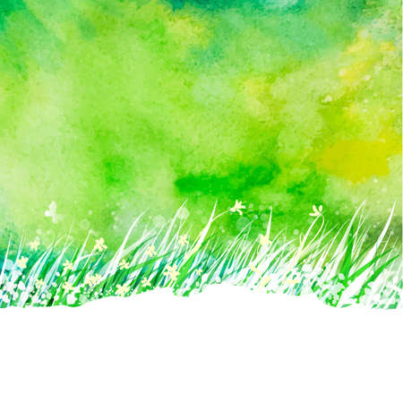 Watercolor abstract background with hand drawing garden grass. Season summer nature illustration. Outdoor decorative label.のイラスト素材