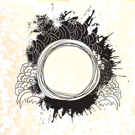 Fashion ink drawing label. Splashes sketch sticker. Modern decorative banner. Menu cover frame.のイラスト素材