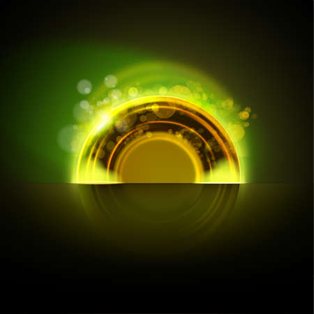 Vector abstract. Green and gold colors abstract circle badge at night background. Modern industrial or technology concept.のイラスト素材