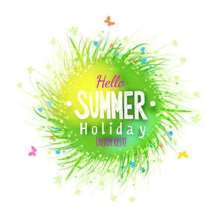 Enjoy summer holidays grass circle label. Floral elements. Abstract vector green season backdrop. Eco friendly banner with drawing text and typography.のイラスト素材