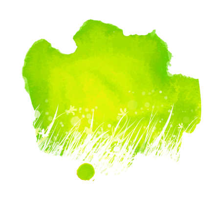Watercolor green abstract splash with hand drawing garden grass. Season summer nature illustration. Outdoor decorative label.のイラスト素材