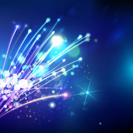 Abstract optical fibers at blue dark background. Space futuristic technology illustration. Global communication concept. Web banner vector.のイラスト素材