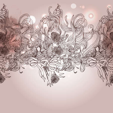 Vintage seamless romance background with bird and floral elements, Sketch art. Hand drawing retro illstration for holidays and party invitations.のイラスト素材