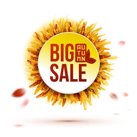 Autumn big sale circle label with realistic green grass and leaves. Creative promotional vector banner. Season business offer design.のイラスト素材