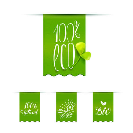 Helathy product calligraphy label set. Eco friendly, farm, natural food drawing emblem.のイラスト素材