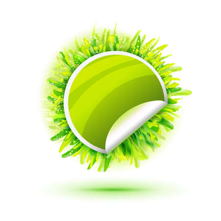 Green sticker with green realistic grass. Creative promotional vector banner. Eco friendly design.のイラスト素材