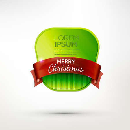 Christmas red paper badge with green ribbon. Vector pin. Holidays banner.のイラスト素材