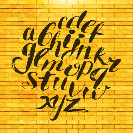Hand painted alphabet at brick wall. Vector isolated hand drawing letters. Hand lettering.のイラスト素材