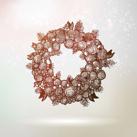 Christmas and New Year holidays vector. Hand drawn Xmas wreath vintage illustration with fur tree and balls.のイラスト素材