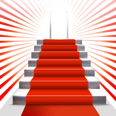 Realistic stone ladder with red carpet  and open door. Luxury style vector illustration. Staircase and enter concept. Lighting effect. Award invitation.のイラスト素材