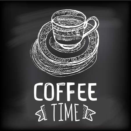 Linear sketch coffee cup at sauce. Coffee cup for coffee time. Vector creative cafe menu illustration.のイラスト素材