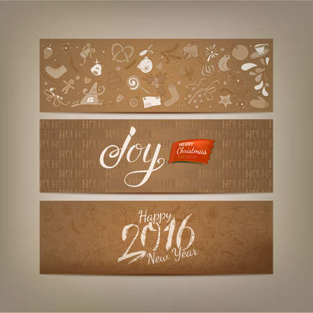 Vintage Xmas banners with cute drawings. Hand drawing Christmas sketched art. Cute New Year illustration. Retro style template.のイラスト素材