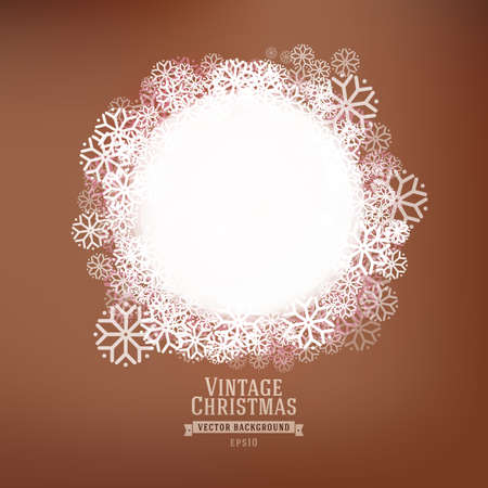 Abstract white Christmas circle label at vintage background. Winter vector illustration. Banner with snow. Old style holidays illustration.のイラスト素材