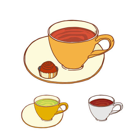 Coffee and tea cup with candy at saucer vector sketch. Color set of drawing vector sketch.のイラスト素材
