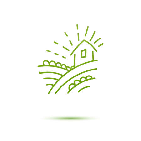 Farm food icon with village linear illustration. Green emblem. Natural food identity concept. Modern linear hand drawing label.のイラスト素材