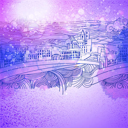 Winter linear drawing city with snow background . Sketch art. Hand drawing vintage illstration for holidays and party invitations.のイラスト素材