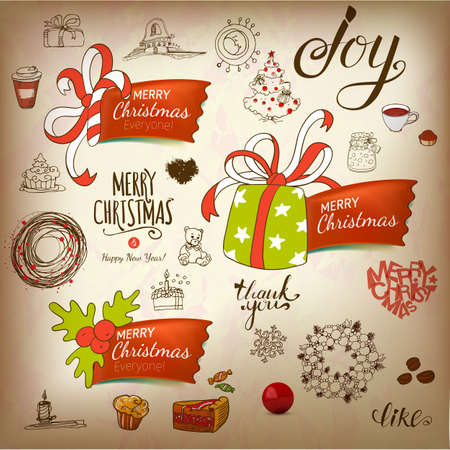 Doodles and calligraphy vintage card vector drawn collection. Holidays design elements. Cute holiday gifts art.のイラスト素材
