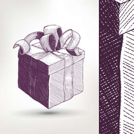Ink drawing vector Gift Box with ribbon illustration with style preview. Retro style linear sketch vector. Vintage gift symbol.のイラスト素材