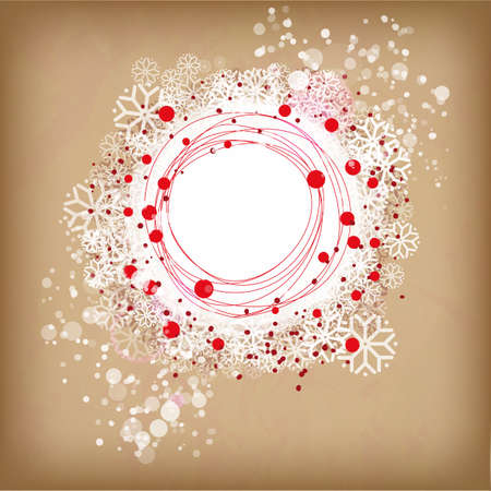 Red and white colors circle label with snowflakes. Decorative vector illustration. . Vintage hand drawing banner at old paper.のイラスト素材