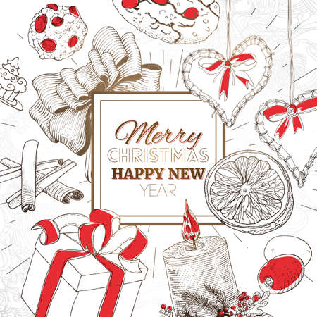 Vintage Merry Christmas card with linear sketch illustrations. New Year banner with a lot of graphics elements. Text greetings.のイラスト素材