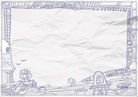 Childish style ink drawing frame. Outdoor village illustration.のイラスト素材