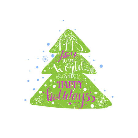 Evergreen hand drawn grunge style Christmas tree. Vintage Xmas holidays illustration with text greetings.のイラスト素材