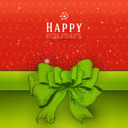 Red Christmas background with green bow and lights. Vector decorative hight quality illustration.のイラスト素材