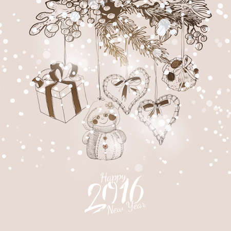 Vintage Christmas sketch decoration with engraving illustrations. New Year banner with a lot of graphics elements. Text greetings. Lettering.のイラスト素材