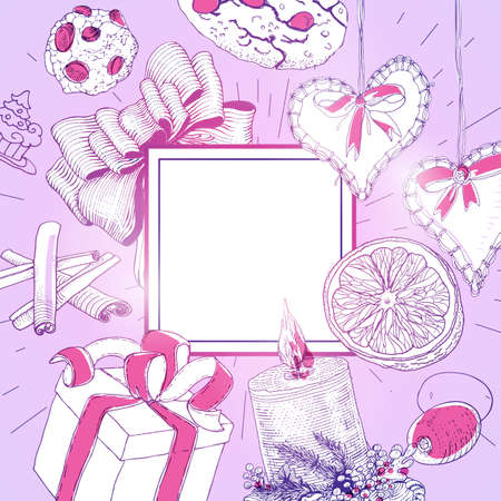 Vintage Christmas card with linear sketch illustrations. New Year banner background. Greetings elements. Romance colors for girls shopping banners and card design.のイラスト素材