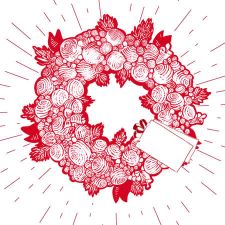 Red Christmas wreath with sun rays. のイラスト素材