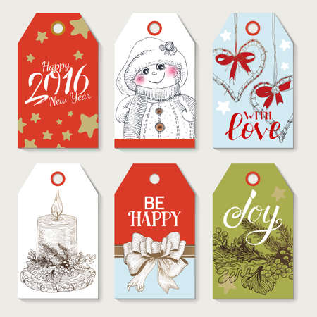 Set of New Year and Merry Christmas hand drawn Fun vintage elements. Tags, ribbons, wreaths. Modern lettering and typography. Hearts, snowman, candle, stras, fir-tree, bow. Gift decoration.のイラスト素材