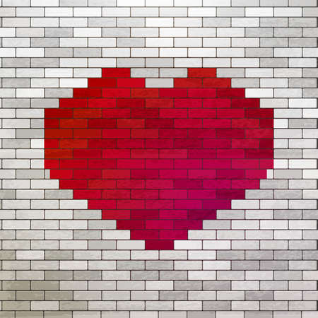Red Heart painted at white bricks wall. Love symbol at white wall. Romance vector illustration. Urban and youth styled art. Modern heart background.のイラスト素材