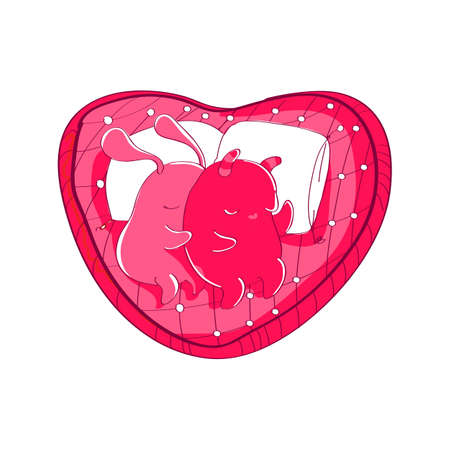 Two sleeping couple ufo Cute characters with hearts couple for Happy Valentines Day greeting card. Valentines card with funny cartoons. Together at heart bad.のイラスト素材