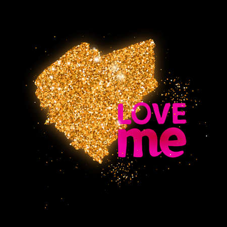 Greeting Card Valentine Day with black background. Gold texture heart with lettering -Love me.illustration. Golden glitter. Valentines hipster style card.のイラスト素材