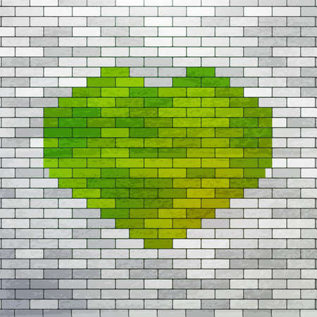 Green Heart painted at white bricks wall. Love Green Nature symbol at white wall. Eco friendly and medic illustration. Urban and youth styled art. Modern heart background.のイラスト素材