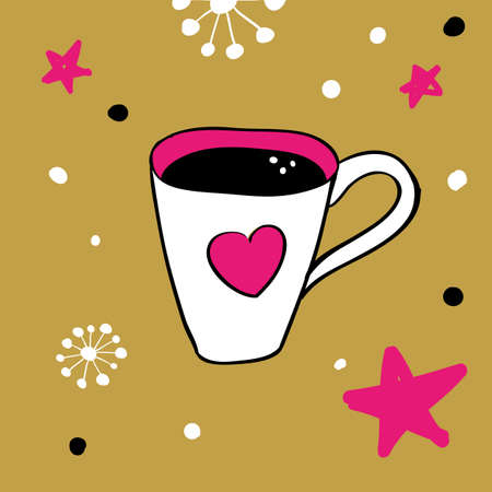 illustration of cup of coffee with heart. Cute doodle holiday card, flyer  for Happy Valentines day.のイラスト素材