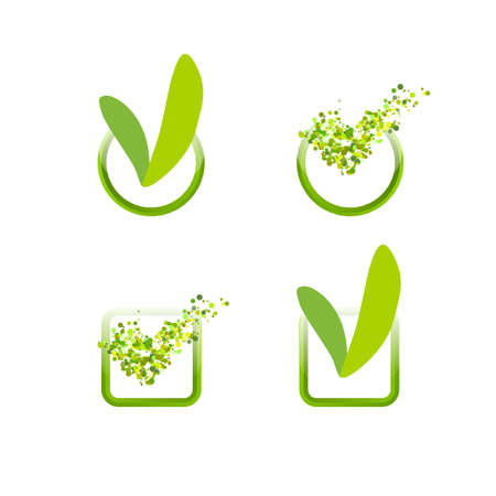 Green check mark set. Leaves and air particles check design.のイラスト素材