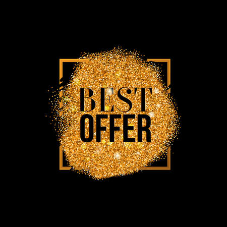 Vector Best Offer gold textured label, luxury glitter background with golden texture and business offer. Glitter with diffusion in square frame.のイラスト素材